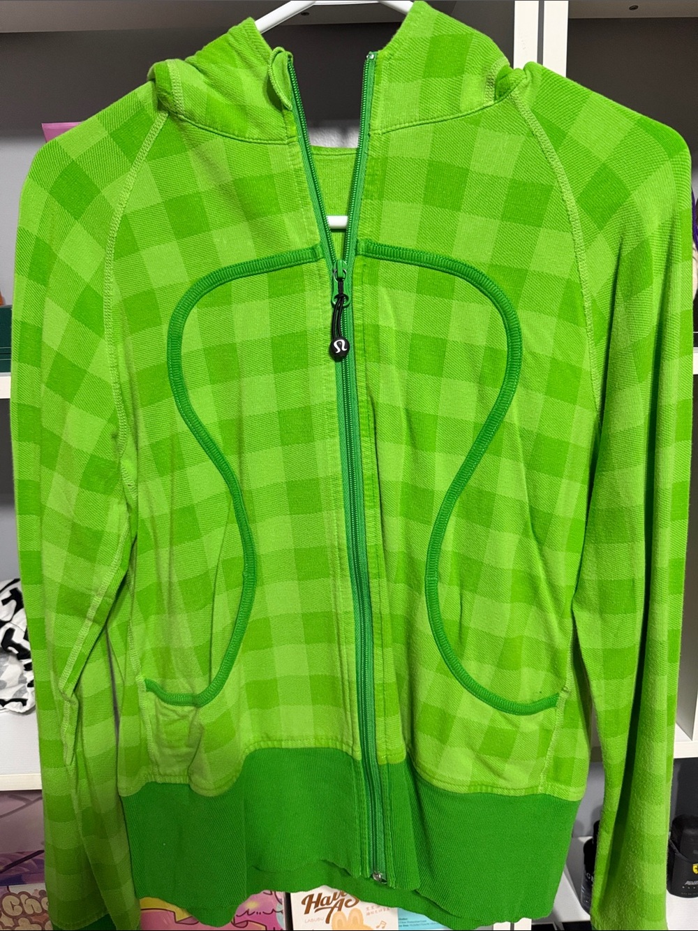 lululemon athletica Bright Lime Green Plaid Hooded Zip Jacket